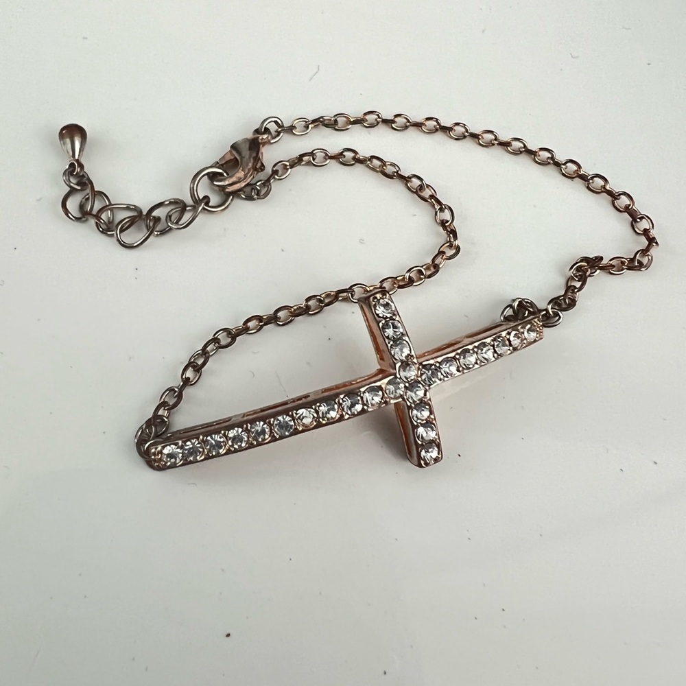 Vintage sideway curved crystal cross bracelet adjustable